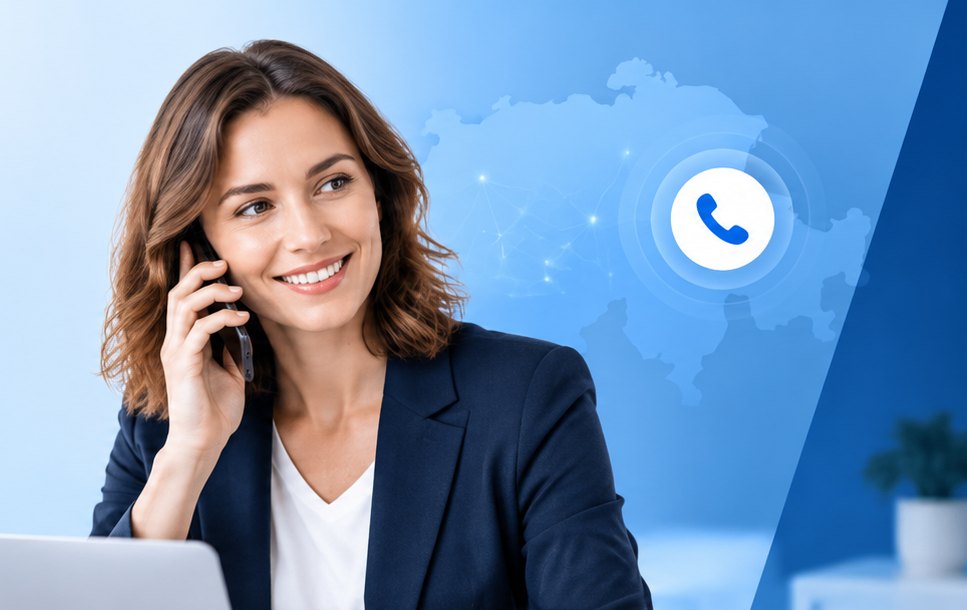 Freundliche Beraterin telefoniert vor dem Laptop